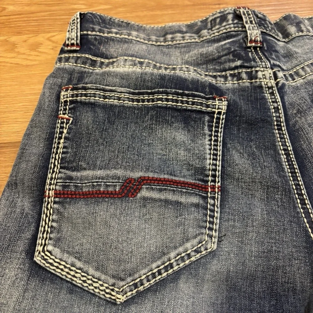 True Luck Jeans Mens 34x30 Dark Distressed Wash Straight Leg Red Stitching Faded